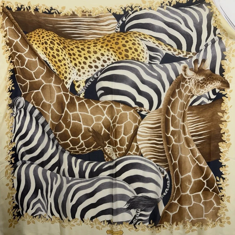 Salvatore Ferragamo 100% Silk Scarf  3 Giraffe 4 Zebra 1 Cheetah JUMBO 52